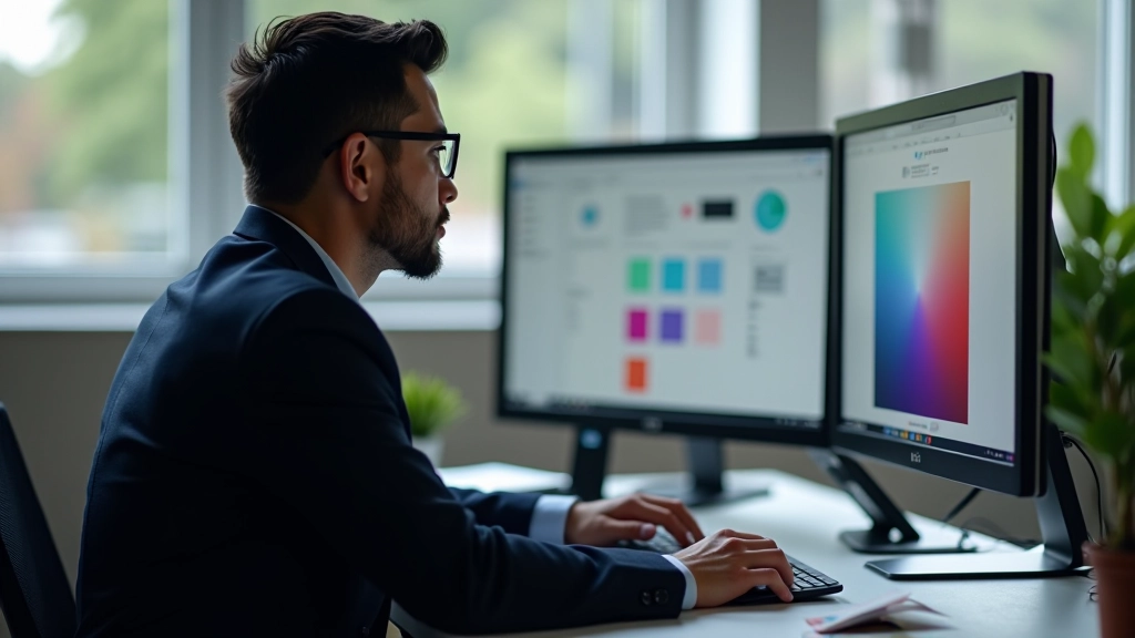 Designer working on color palette management with dual-theme interface visible on monitor