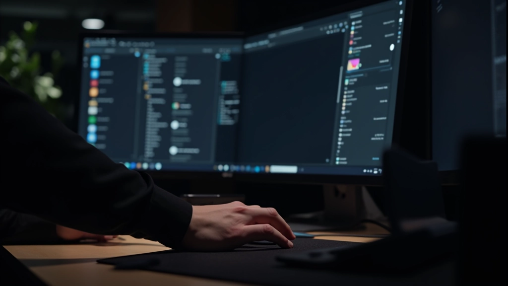 Designer working on dark mode interface on computer screen in modern workspace