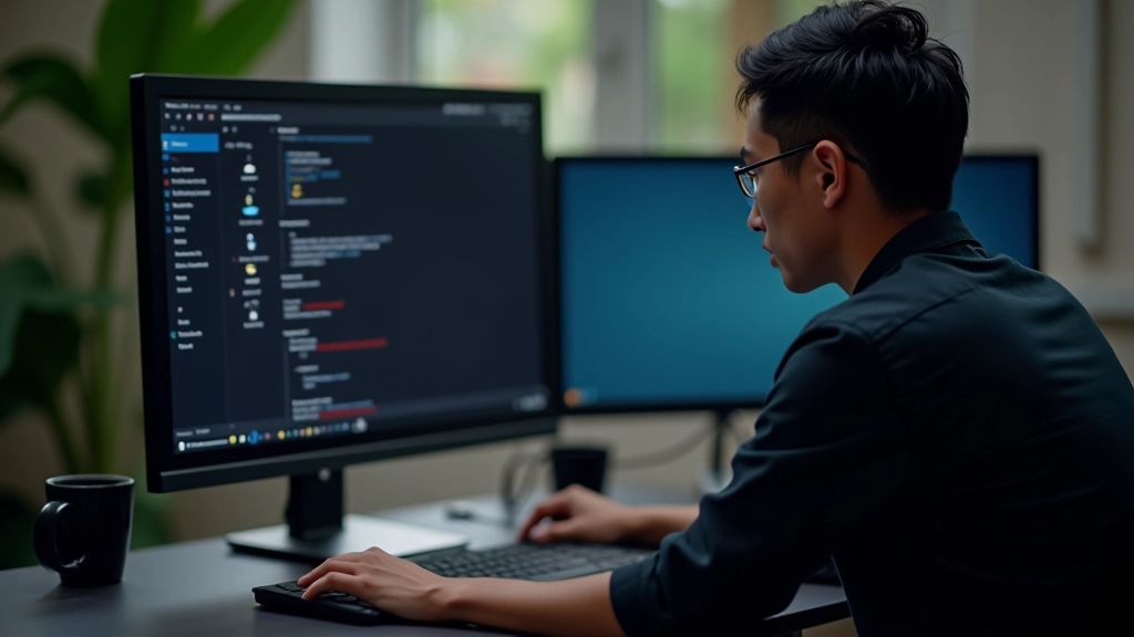 Designer workspace with icon design tools and dark-light theme comparison on dual monitors
