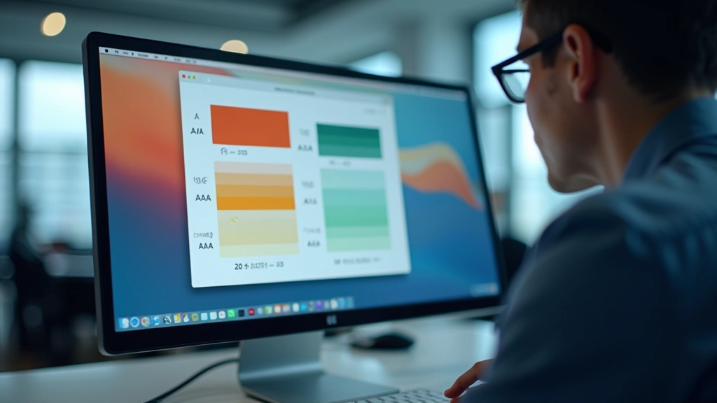Close-up of WCAG AA and AAA contrast ratio standards displayed on modern monitor screen with color swatches